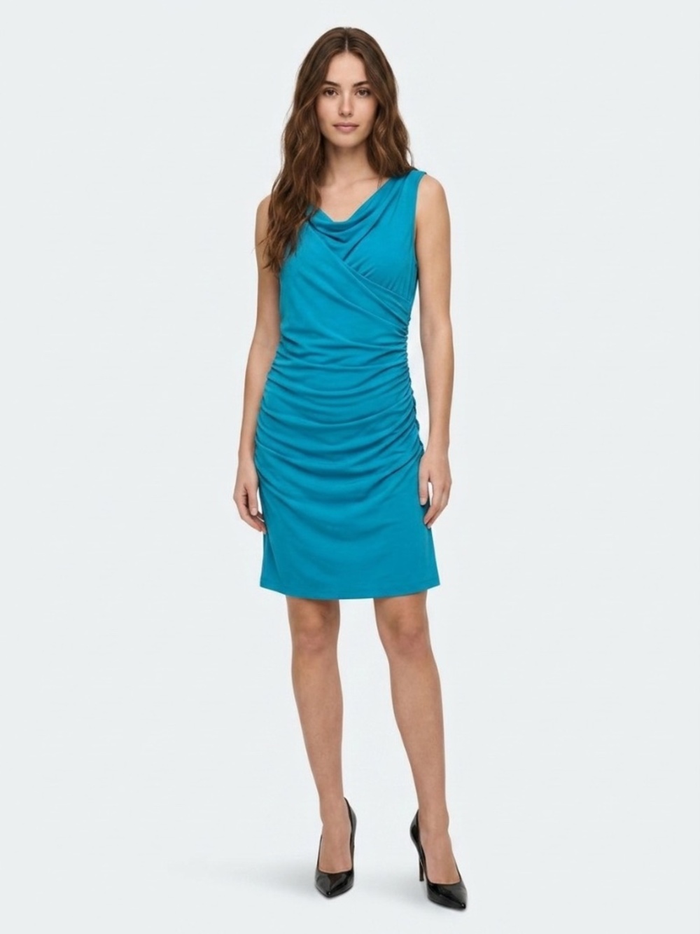 Diane von Furstenberg Teal Ruched Cowl Neck sleeveless Jersey knee length dress